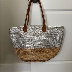 Silver and Tan Woven Tote Bag 100% Jute - Made in India  - 22x13x7